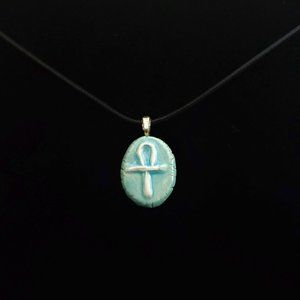 Handmade Ceramic Light Blue Ankh or Key of Life Pendant Necklace